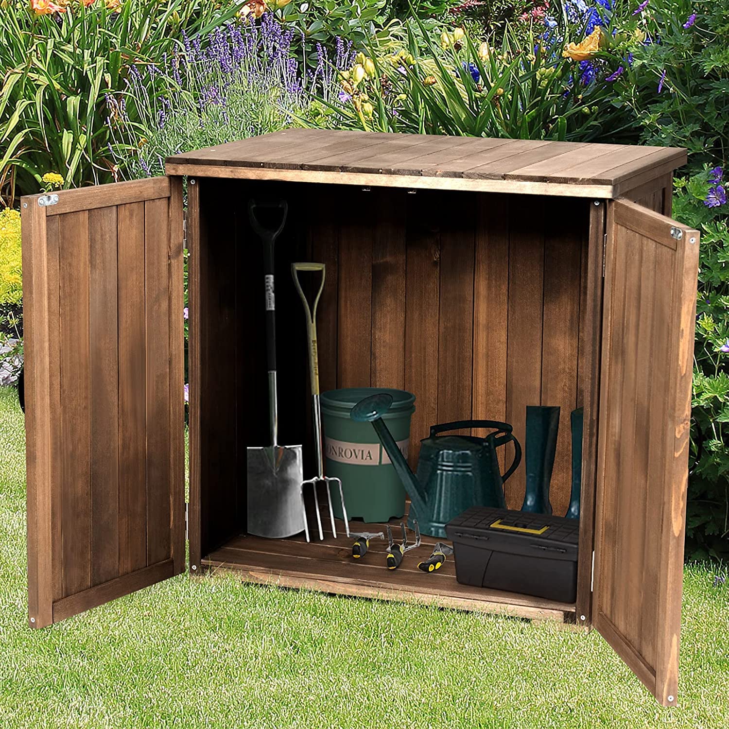 GRAFFY Garden Wooden Storage Shed, Compact Tool Cabinet with Doors and Handles, for Garden Yard Patio - WoodArtSupply