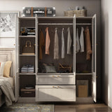 Homsee Armoire Wardrobe Closet with 4 Frosted Glass Doors, Hanging Bars, Shelves & Drawers, Wooden Closet Storage Cabinet for Bedroom, Warm Grey (63”L x 19.7”W x 70.9”H) Homsee