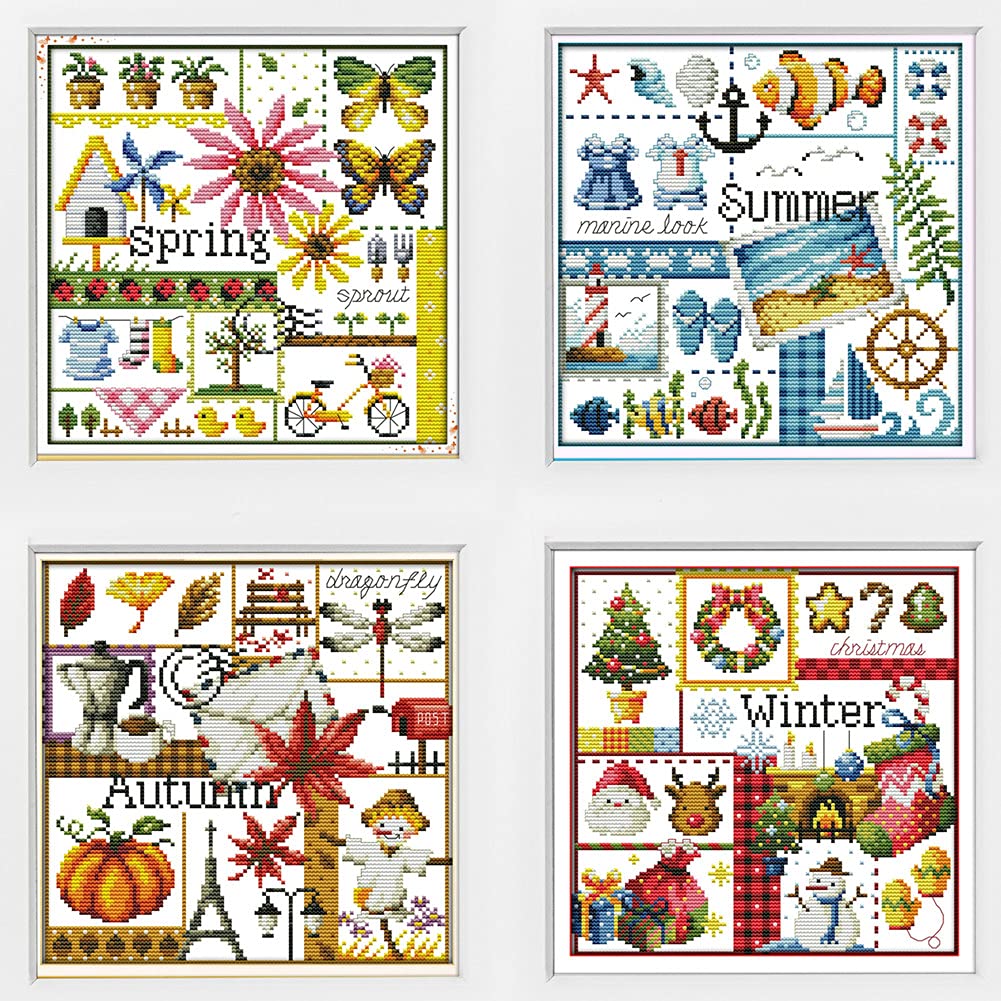 Awesocrafts 4 Pack Cross Stitch Kits, Four Seasons Easy Patterns Cross Stitching Embroidery Kit Supplies, Stamped or Counted (Four Seasons, Counted) Awesocrafts