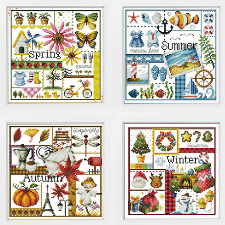 Awesocrafts 4 Pack Cross Stitch Kits, Four Seasons Easy Patterns Cross Stitching Embroidery Kit Supplies, Stamped or Counted (Four Seasons, Counted) Awesocrafts