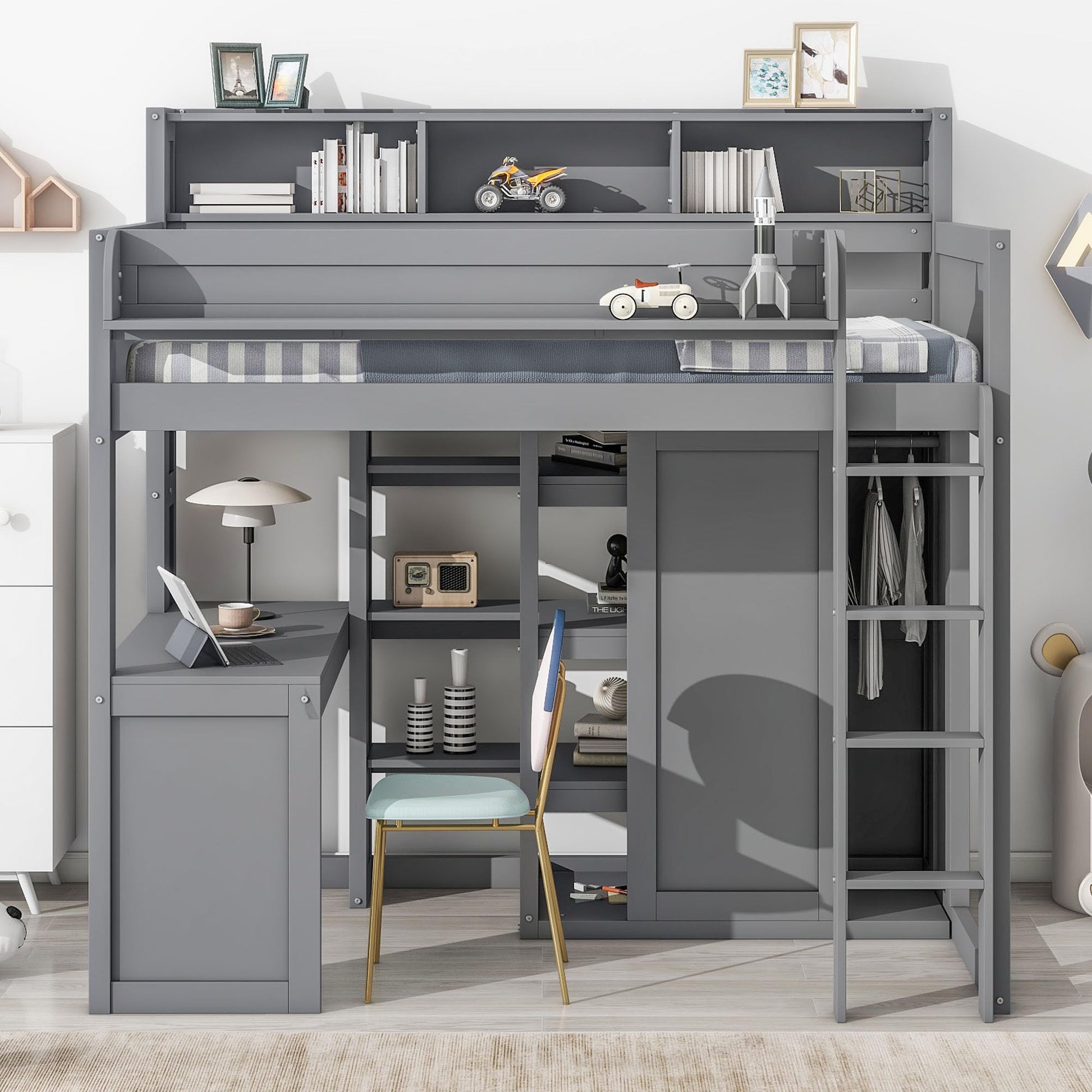 Merax Grey Twin Loft Bed with Under-Bed Desk, Wardrobe, and Storage Cabinets - WoodArtSupply