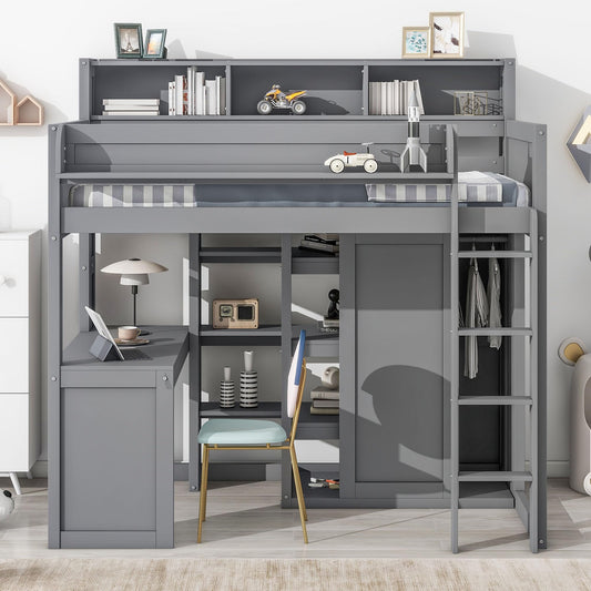 Space-Saving Twin Size Loft Bed with Desk, Wardrobe, and Storage Shelves in Gray - WoodArtSupply