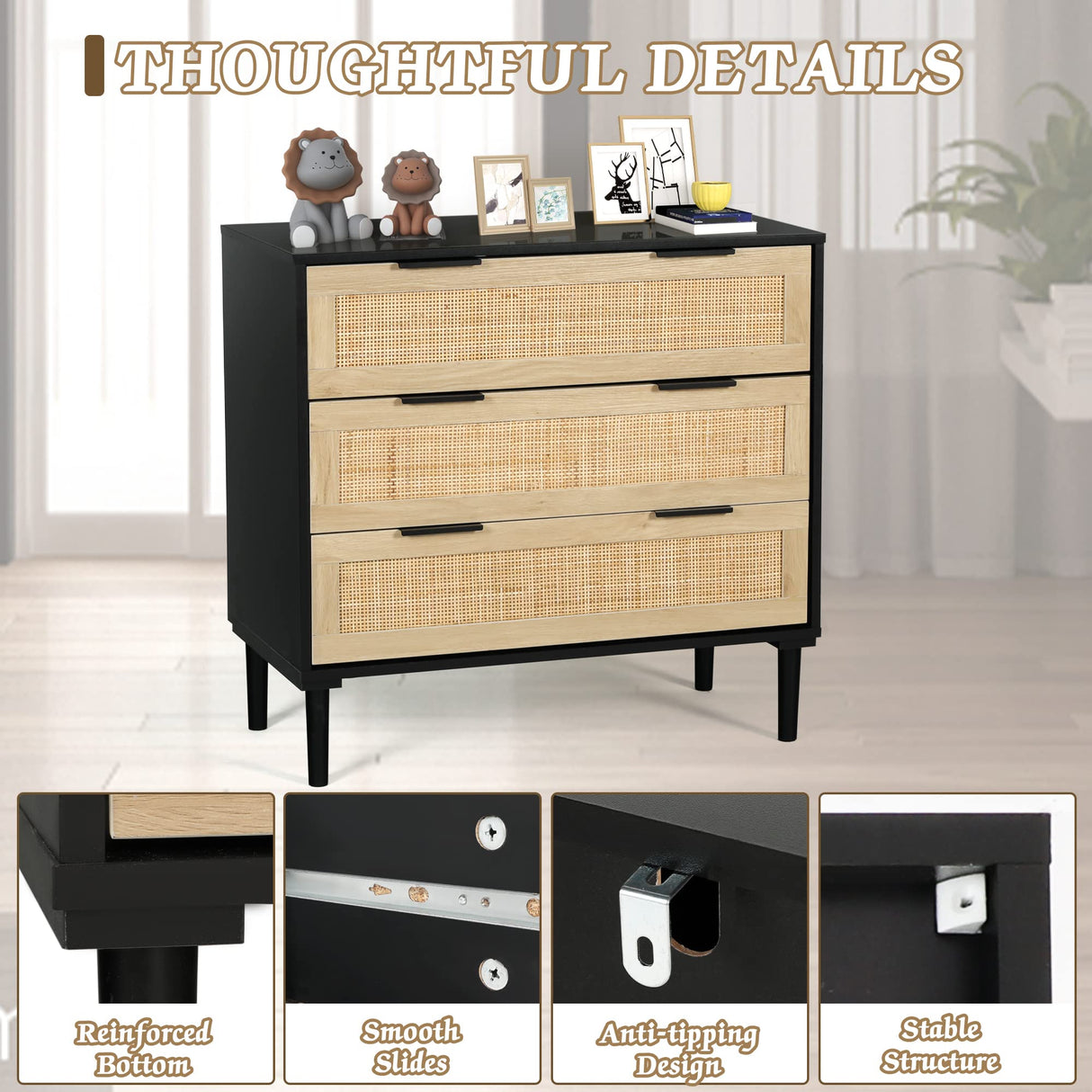 LAZZO Rattan 3 Drawer Wood Dresser Boho Large Storage Cabinet Nightstand Chest for Bedroom Mid Century Modern Chest of Drawers Wide Closet Dresser Storage Organizer LAZZO