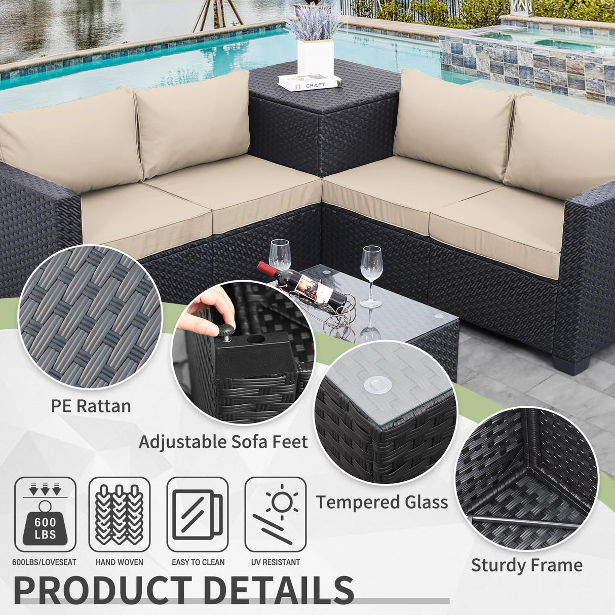 WAROOM Outdoor PE Wicker Patio Furniture Set 4 Piece Black Rattan Sectional Sofa Conversation Couch Sets with Storage Box Glass Top Table and Anti-Slip Khaki Cushion WAROOM