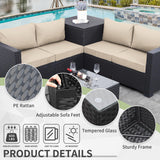 WAROOM Outdoor PE Wicker Patio Furniture Set 4 Piece Black Rattan Sectional Sofa Conversation Couch Sets with Storage Box Glass Top Table and Anti-Slip Khaki Cushion WAROOM