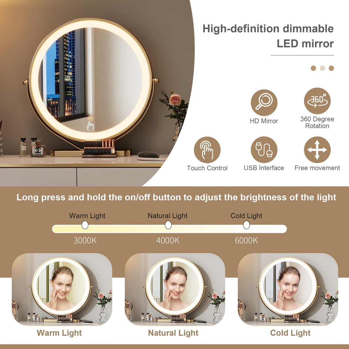 KDCAS Modern Vanity Desk with Mirror and Lights, 39" White and Gold Makeup Vanity Table with 2 Storage Drawers, Stylish Gold Dressing Table for Small Spaces & Bedroom KDCAS