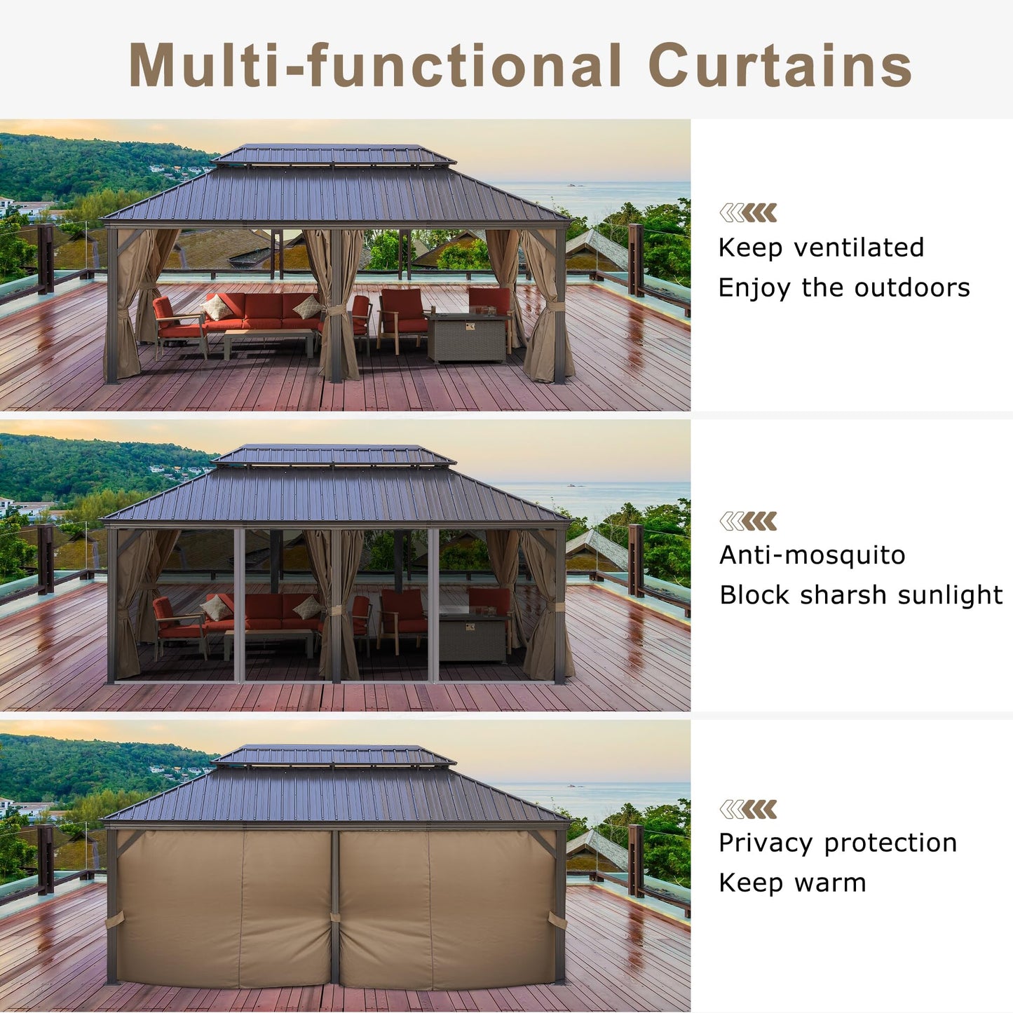 12x18Ft Hardtop Gazebo, Aluminum Frame Canopy with Double Galvanized Steel Roof, Outdoor Heavy Gazebo with Nettings and Curtains for Backyard, Patio and Deck (Brown 12x18 Ft) - WoodArtSupply