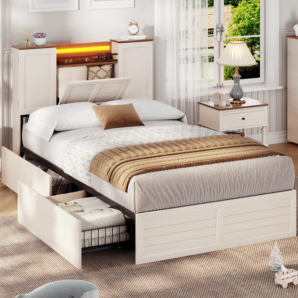 VIAGDO Farmhouse Twin Bed Frames with Headboard and Double Barn Door Storage Cabinets, Rustic Wooden Bed Frame Twin Size with Charging Station, 4 Drawers and LED Lights, No Box Spring Needed, White VIAGDO