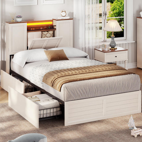 VIAGDO Farmhouse Twin Bed Frames with Headboard and Double Barn Door Storage Cabinets, Rustic Wooden Bed Frame Twin Size with Charging Station, 4 Drawers and LED Lights, No Box Spring Needed, White VIAGDO