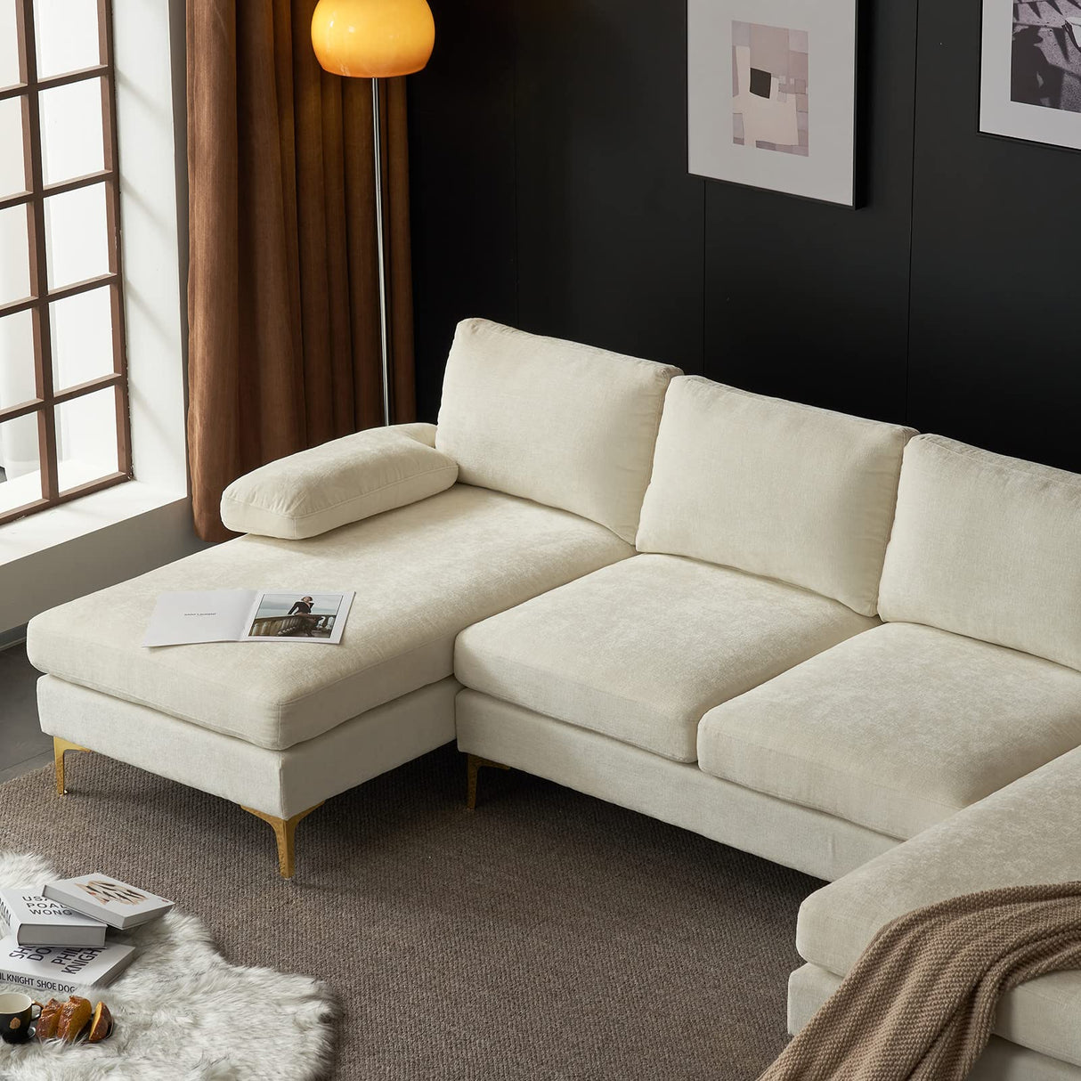 Karl home Convertible Sectional Sofa 110" U-Shape Sofa Couch 4-Seat Couch with Chaise ChenilleFabric Upholstered for Living Room, Apartment, Office, Creamy White Karl home