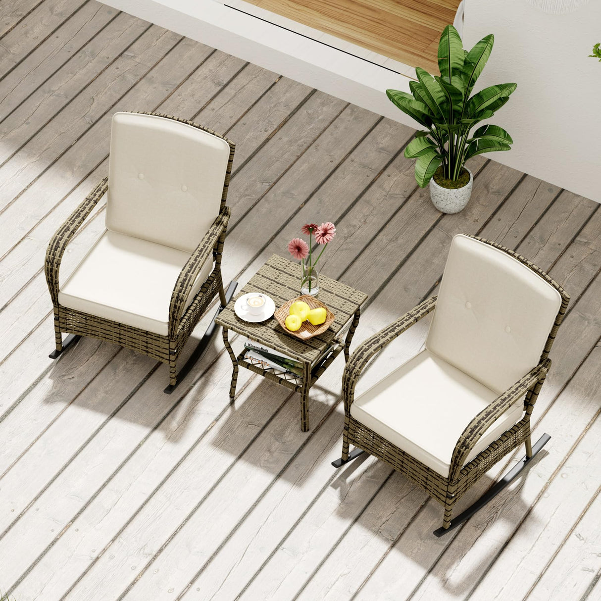 BALDPER 3 Pieces Patio Conversation Set, Outdoor Rocking Chairs, Wicker Bistro Set, Outdoor Furniture Set with Porch Chairs and Coffee Table for Deck Garden Poolside, Beige BALDPER