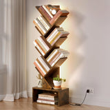 Hoctieon 6 Tier Tree Bookshelf, Tall Bookcase, Freestanding Book Shelf with LED Lights, Display Floor Standing Storage Shelf, Book Organizer Shelves for Home Office, Living Room, Rustic Brown Hoctieon