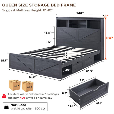 ACCOHOHO Queen Size Wood Bed Frame Farmhouse with 52" Tall Storage Bookcase Headboard, LED Light,Charging Station,4 Drawers and Solid Wood Slats Support,Noiseless,No Box Spring Needed - Black ACCOHOHO