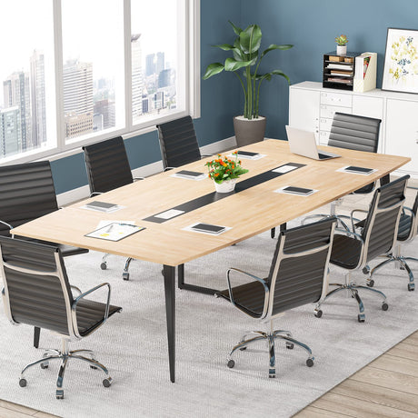 Tribesigns 8FT Conference Table, 94.48L x 47.21W x 29.52H Inches Boat Shaped Meeting Table with Rectangle Grommet, Modern Seminar Boardroom Table for Office Conference Room (Light Wood Grain, 8ft) Tribesigns