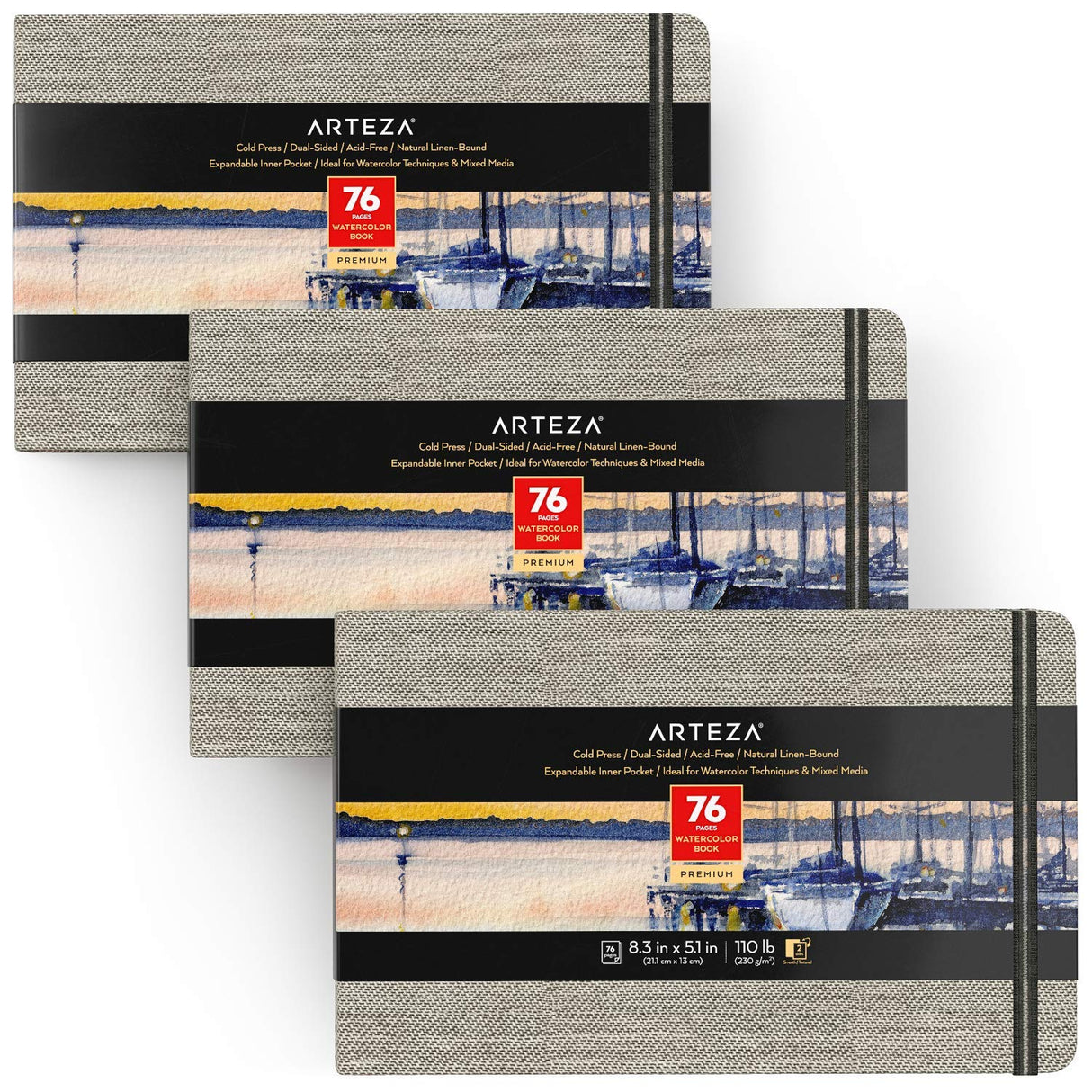 ARTEZA Watercolor Book, Pack of 3, 76 Pages Each, 5.1x8.3 Inch Watercolor Notebook, 110lb/230gsm Cold Pressed Water Pad ARTEZA