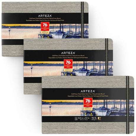 ARTEZA Watercolor Book, Pack of 3, 76 Pages Each, 5.1x8.3 Inch Watercolor Notebook, 110lb/230gsm Cold Pressed Water Pad ARTEZA