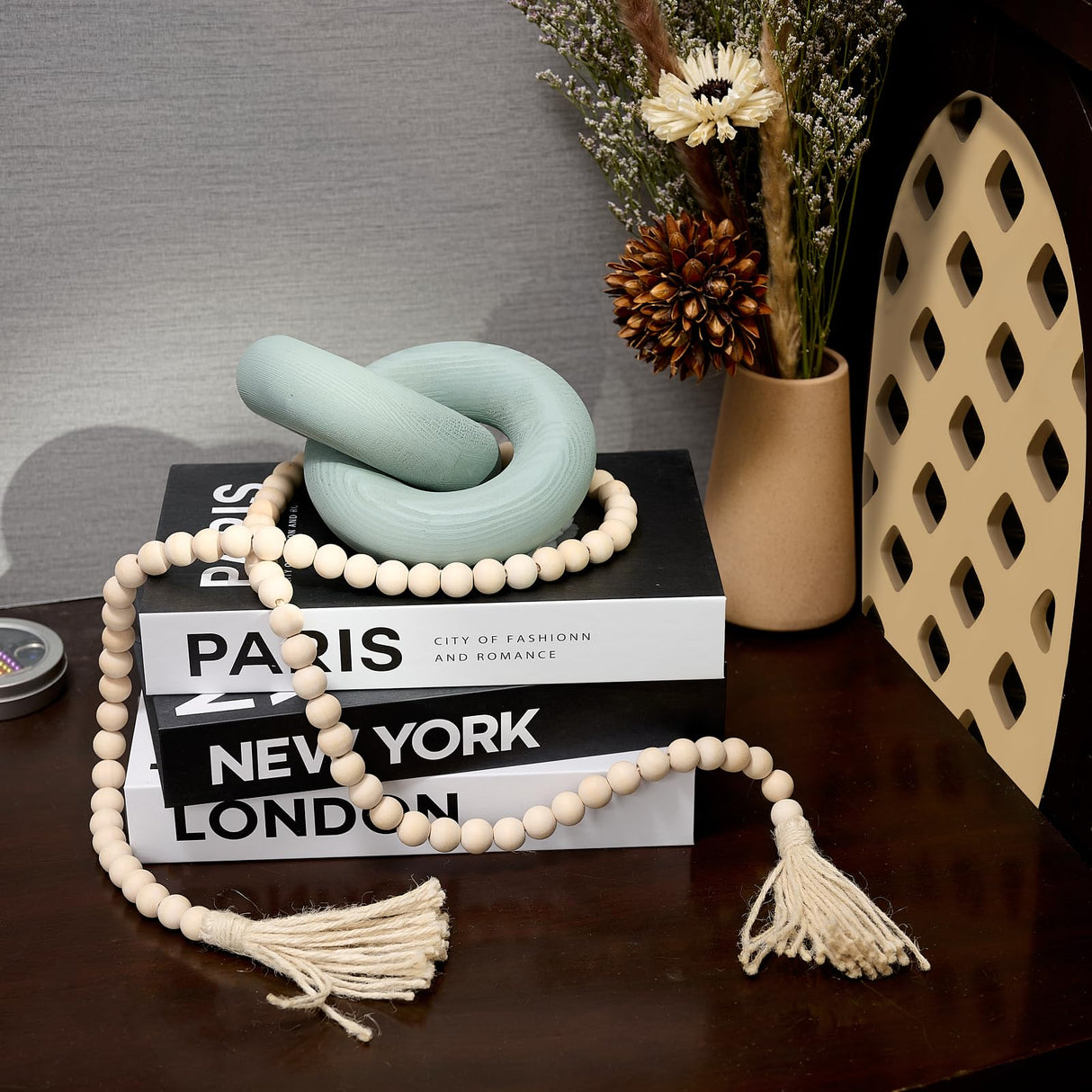 baqor 2-Link Wood Knot Decor - for Coffee Table Bookshelf Boho Celtic Home Entryway Living Room Office Rustic Farmhouse Decorative Object Wooden Knot Chain Link Accents Modern Sculpture baqor