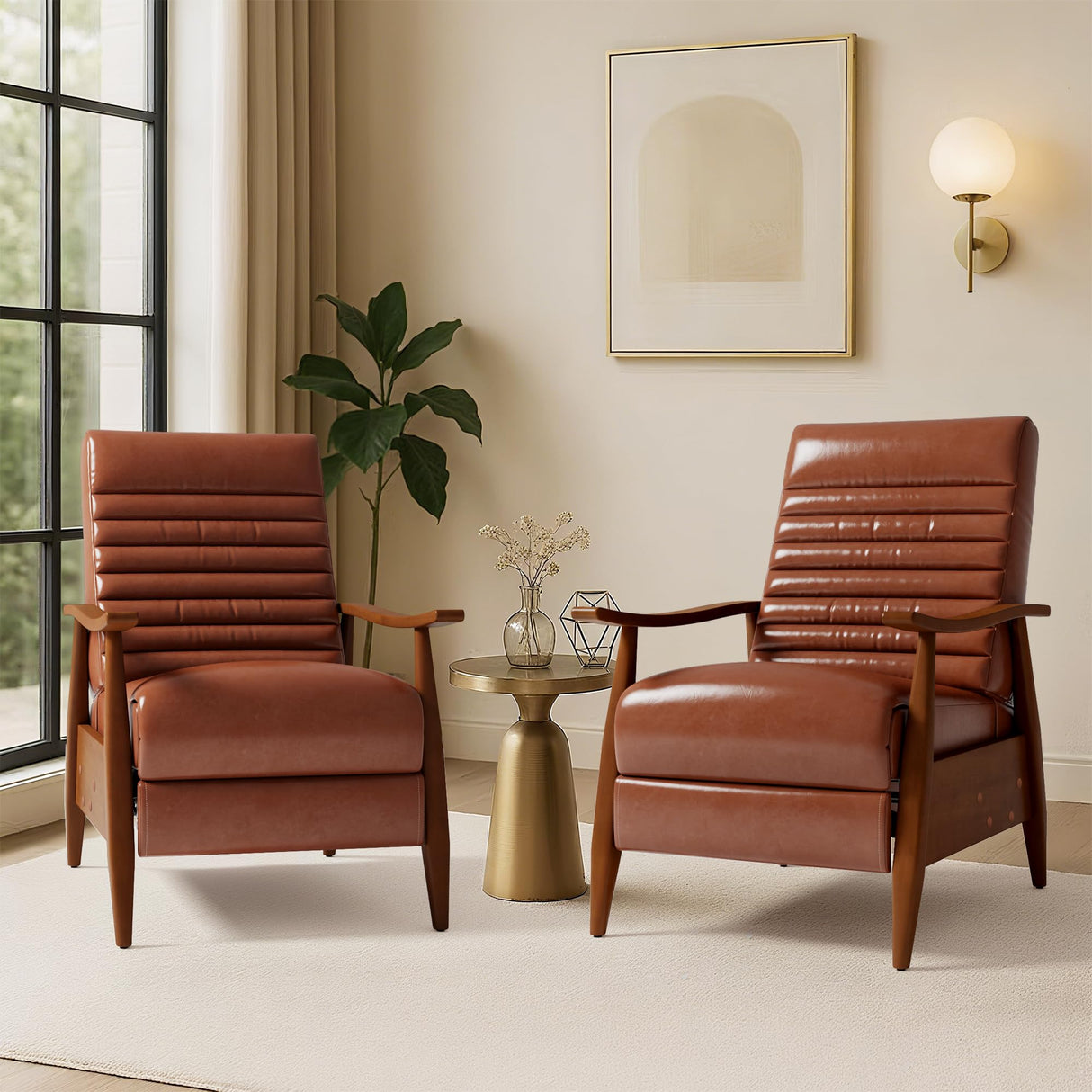 WYPIIITS Leather Recliner Chair, Mid Century Push Back Accent Ｃhair, Comfortable Living Room Chair with Solid Wood Frame, High Back Lounge Chair for Reading and Relaxing (Brown, 1-Pack) WYPIIITS