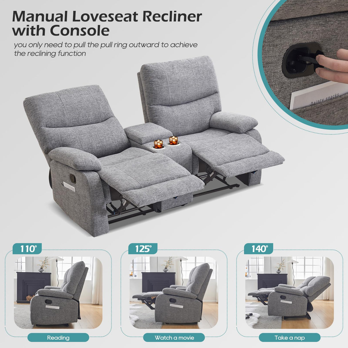 RIHEREFY Loveseat Recliner Sofa, Wall Hugger Recliner, Manual Reclining Loveseat with Console for Living Room, Home Theater, RV(Dark Gray) RIHEREFY