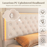 SIBEDS Full Led Bed Frame with 2 Drawers, Storage Platform Bed with Upholstered Crystal Button Tufted Headboard Footboard, 2 Side Pockets, No Box Spring Needed, PU White SIBEDS