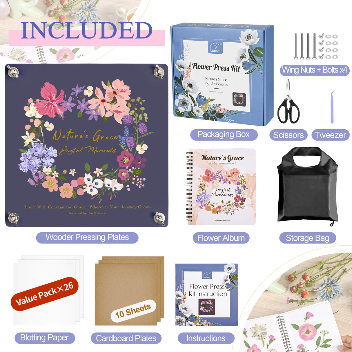 Joy&Grace Flower Press Kit for Adults & Kids, with Designed Cover and DIY Album, 10.9" x 10.9" 10 Layers Flower Preservation Kit, Plant Press and Large Plant Drying Toolkit (Color Box, Purple Navy) Joy&Grace