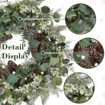 24" Christmas Wreath with Pine Cones White Berries, Winter Eucalyptus Artificial Faux Evergreen Wreath Greenery Decoration for Front Door Window Home Wall Farmhouse Holiday Outdoor Indoor Décor