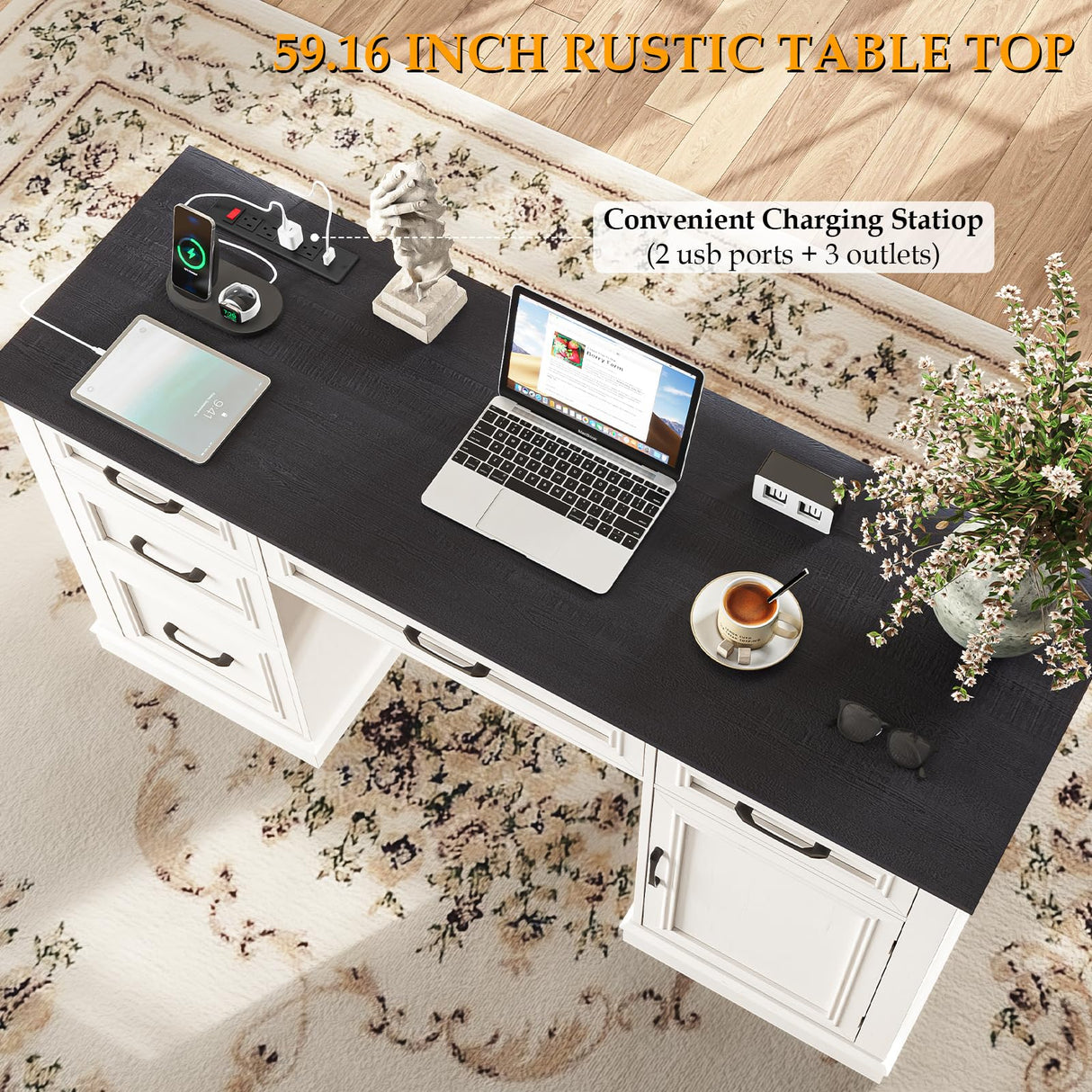 Farmhouse 59'' Executive Desk with Charging Station,Office Desks Computer Desk with 5 Drawers, Wood Workstation for Home Office and Study, File Drawers and Storage Cabinet, Black Vabches