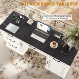 Farmhouse 59'' Executive Desk with Charging Station,Office Desks Computer Desk with 5 Drawers, Wood Workstation for Home Office and Study, File Drawers and Storage Cabinet, Black Vabches