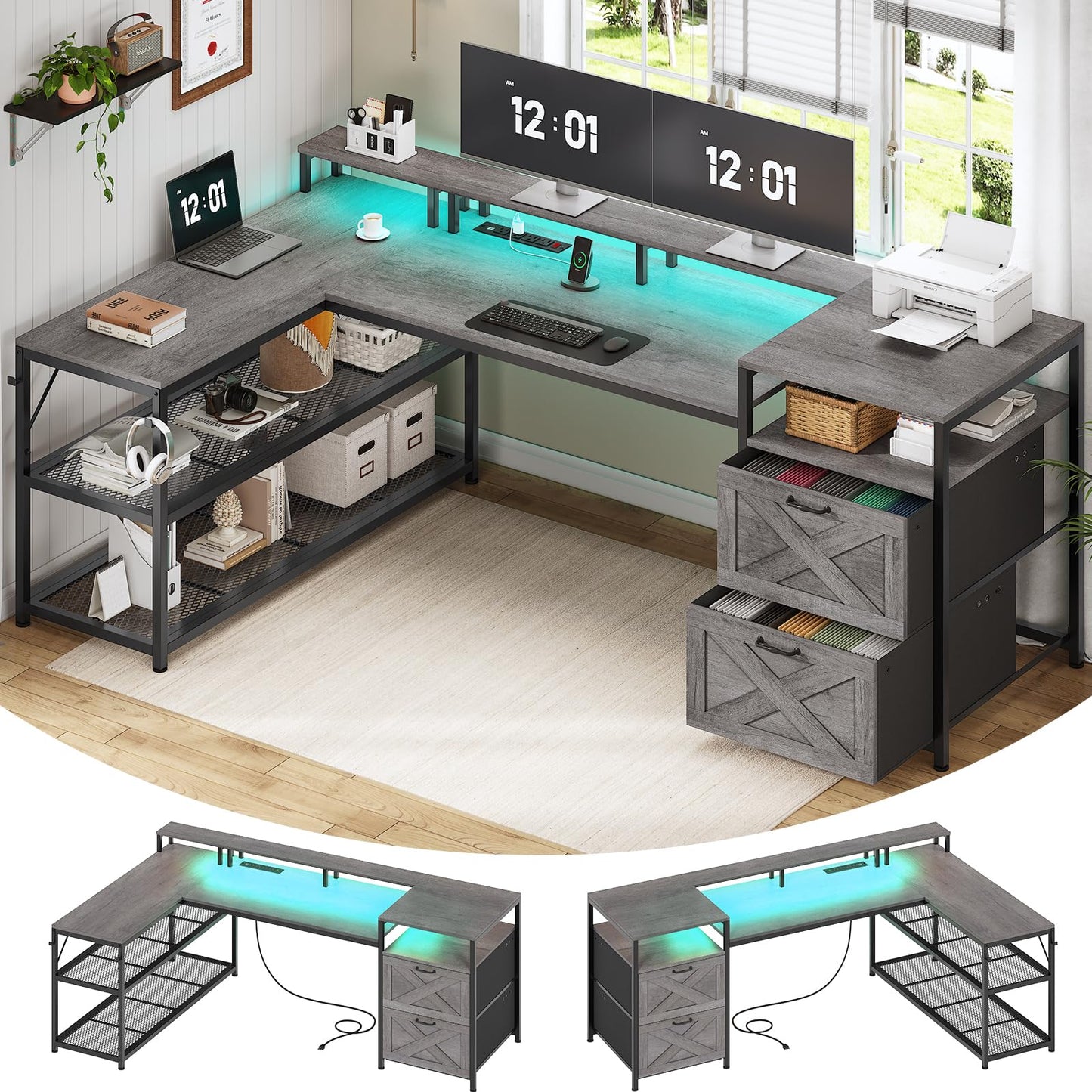 SEDETA 67" L Shaped Desk with Drawers, Computer Office Desk with Storage Shelves & Power Outlet, Reversible Gaming Desk with LED Lights for Home Office, Grey - WoodArtSupply