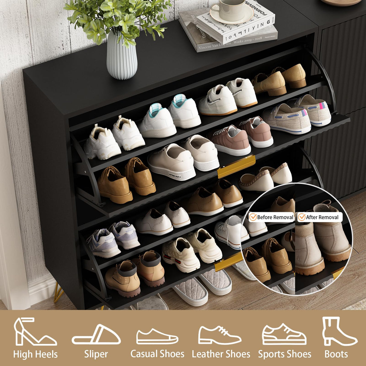 NOVAMAISON Shoe Cabinet with 2 Flip Drawers, Fluted Black Shoe Storage Cabinets, Hidden Shoe Cabinet Storage for Entryway Slim, Modern Freestanding Shoe Rack Organizer, Black NOVAMAISON