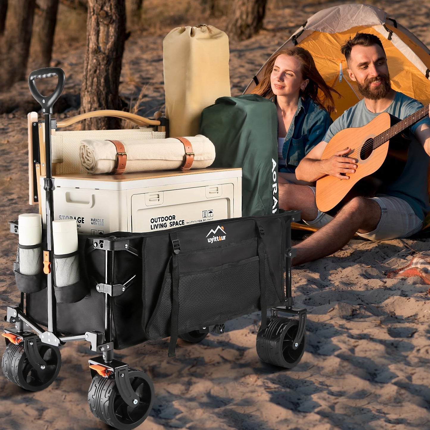 Uyittour Collapsible Folding Wagon Cart Heavy Duty Foldable, Beach Wagon with Big Wheels for Sand, Utility Grocery Wagon with Side Pocket and Brakes for Camping Sports Outdoor Activities, Bla - WoodArtSupply