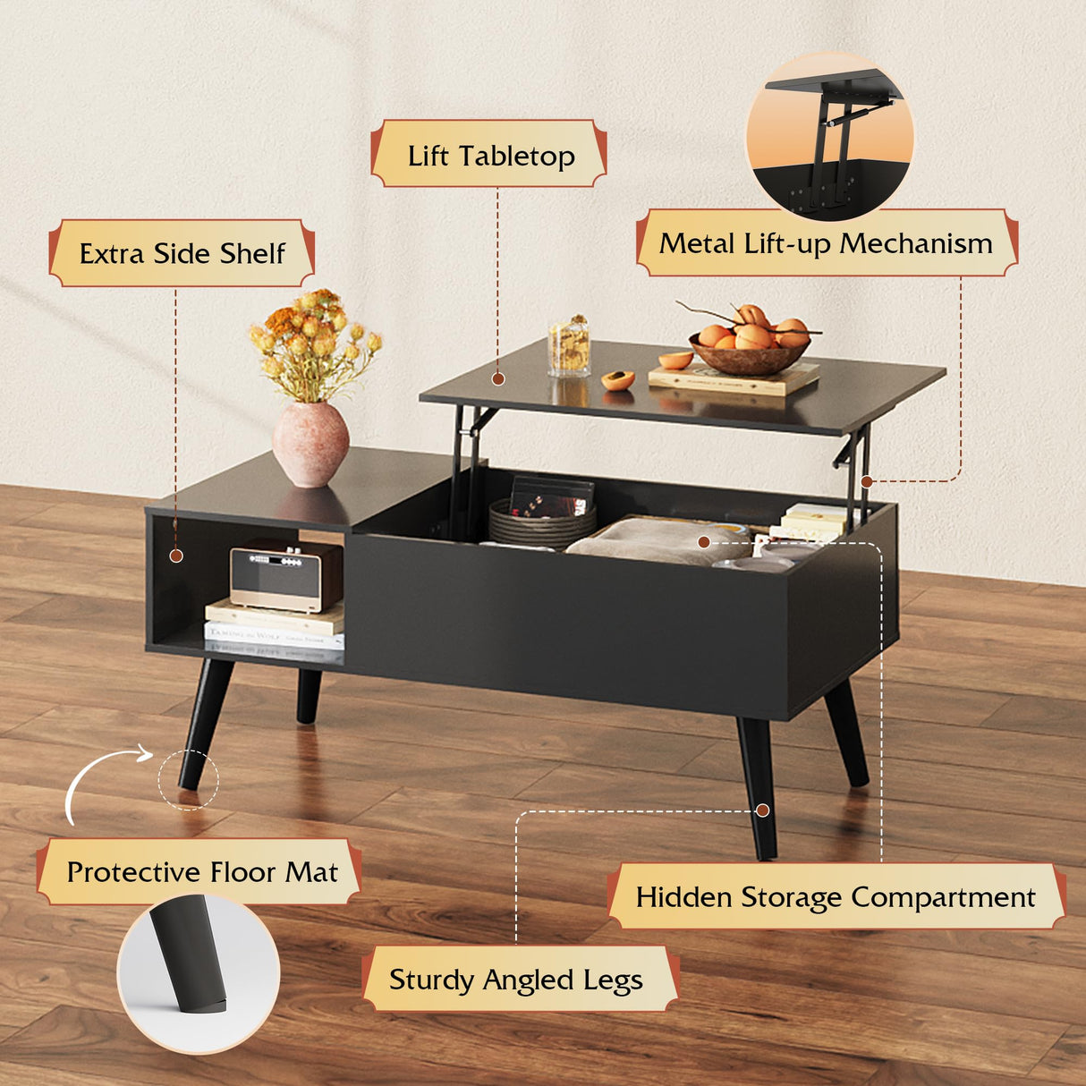 WLIVE Coffee Table for Living Room, Lift Top Coffee Table with Storage, Small Rising Wooden Dining Center Table with Storage Shelf & Hidden Compartment, 39" Black WLIVE