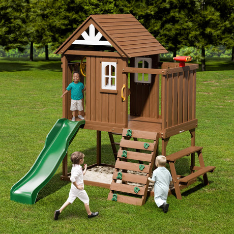VEVOR Outdoor Wooden Playhouse, Modern Cedar Playhouse for Age 3-10 Years Kids, Garden Games Cottage, Country Style Cedar with Slide, Ladder, Climbing Wall, Windows, Picnic Table and Bench VEVOR