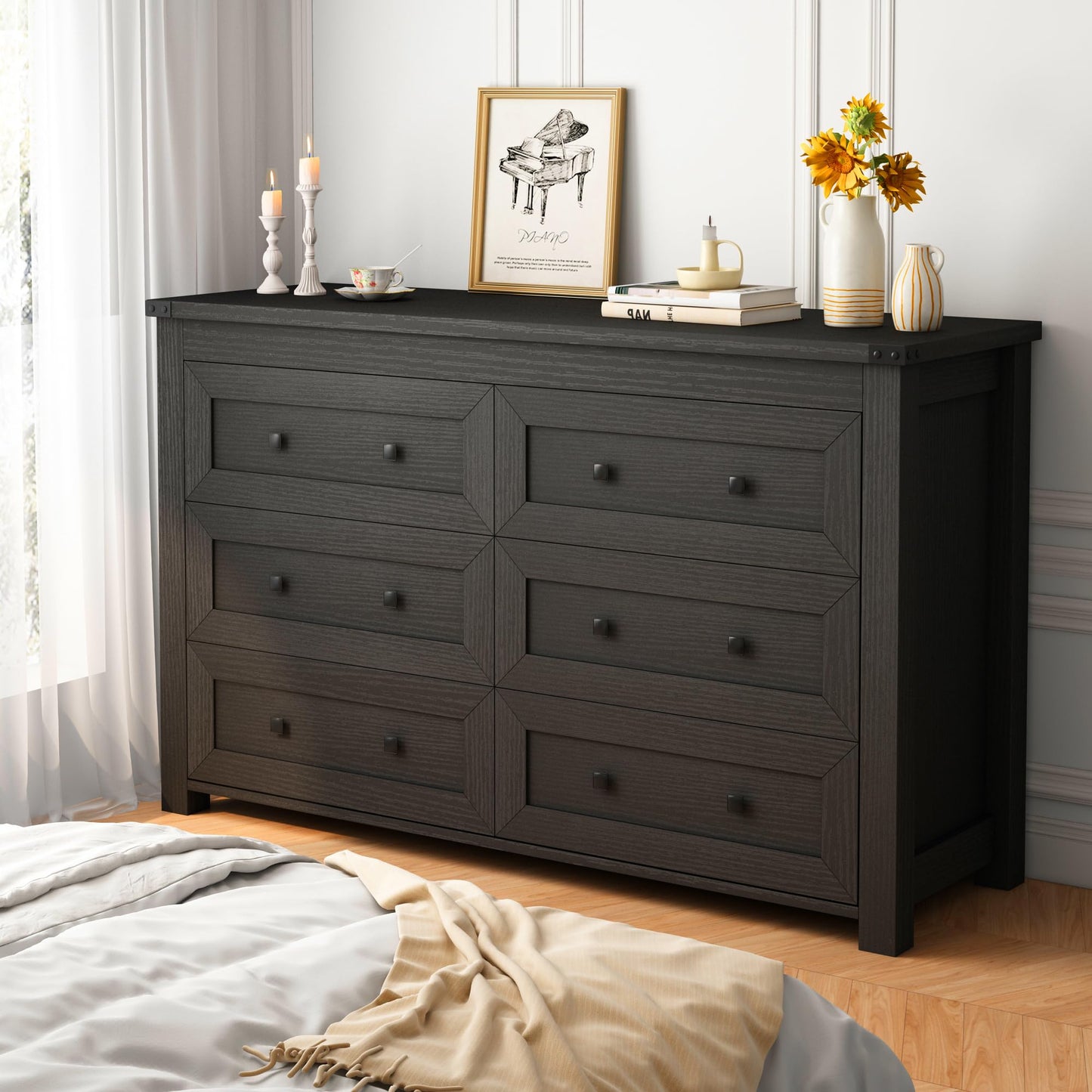 Dresser for Bedroom with 6 Drawers, Farmhouse Wood Chest of Drawers, Wide TV Stand Closet Storage Furniture with Metal Handle, Modern Clothes Organizer for Hallway, Living Room, Entryway, Black