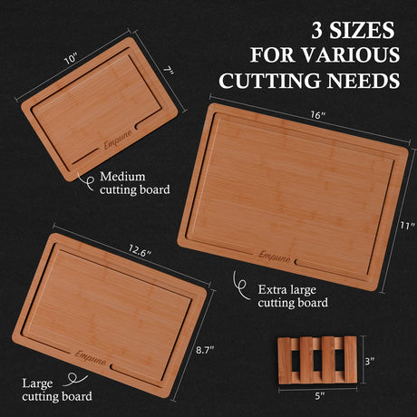 Empune Bamboo Cutting Board Set, Wood Cutting Boards for Kitchen with Holder Wooden Chopping Board for Meal Prep & Serving Empune