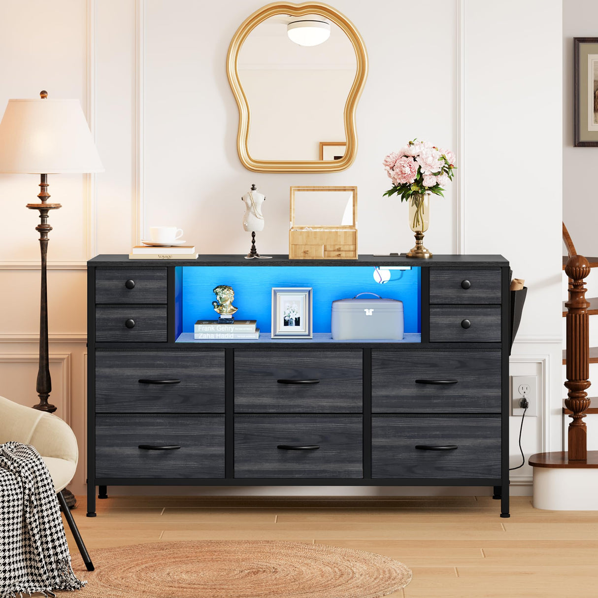 YITAHOME TV Stand with Charging Station, Dresser TV Stand for 55'' TV, 10 Drawer Dresser for Bedroom, Media TV Console Table with Side Pockets & Hooks, Storage Fabric Drawer Unit for Bedroom YITAHOME