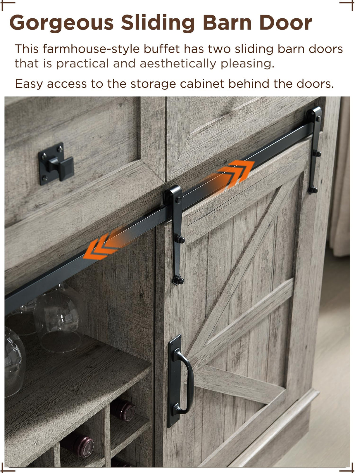 OKD Farmhouse Buffet Cabinet with Storage, 54" Kitchen Wine Bar Cabinet w/Wine & Glass Rack, Sliding Barn Door, 3 Drawers, Rustic Coffee Bar Cabinet, Light Rustic Oak OKD