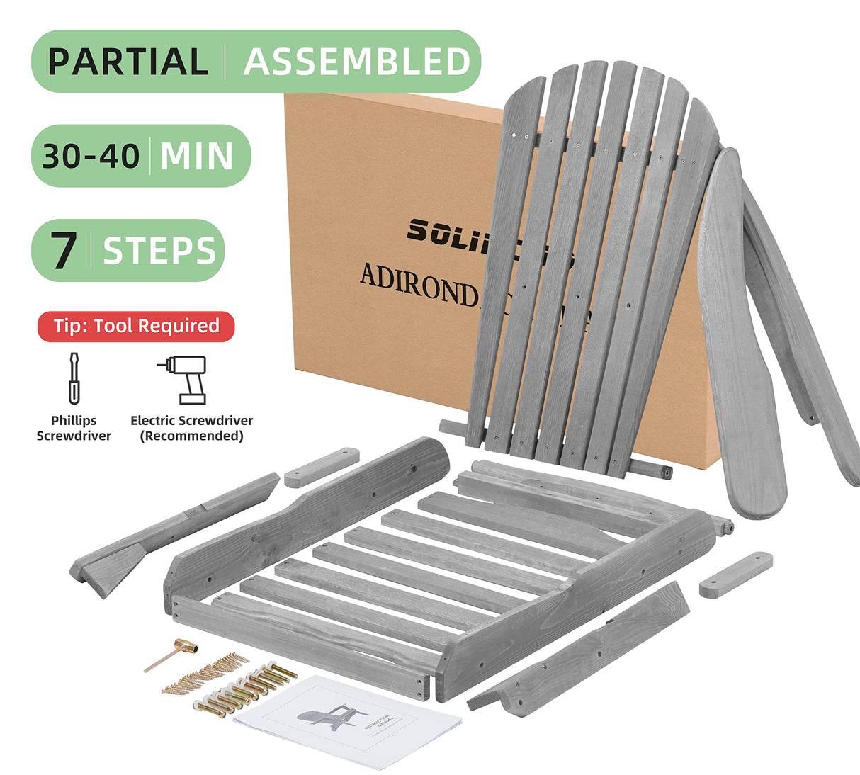 Outdoor Wooden Folding Adirondack Chair with Pre-Assembled BackRest, Wood Patio Chair for Garden Backyard Porch Pool Deck Firepit SoliWood