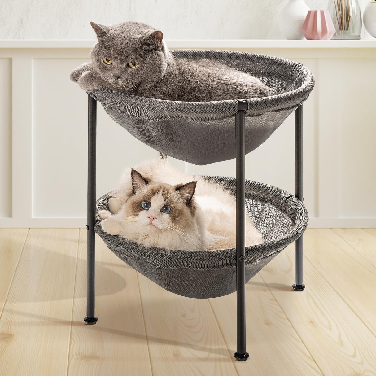 JUNSPOW Double Cat Bed Grey, Breathable Kitty Bed for 2 Cats with 4 Adjustable Feet & Anti-Slip Mats, Easy Assembly Cat Hammock for Multi-cat Household, Indoors & Outdoors, 22.8 in x18.7 in x 18.7 in JUNSPOW