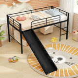 Giantex Low Loft Bed with Slide, Metal Twin Loft Bed Frame with Climbing Ladder, Guardrail & Storage Space for Kids Toddler, Black Giantex