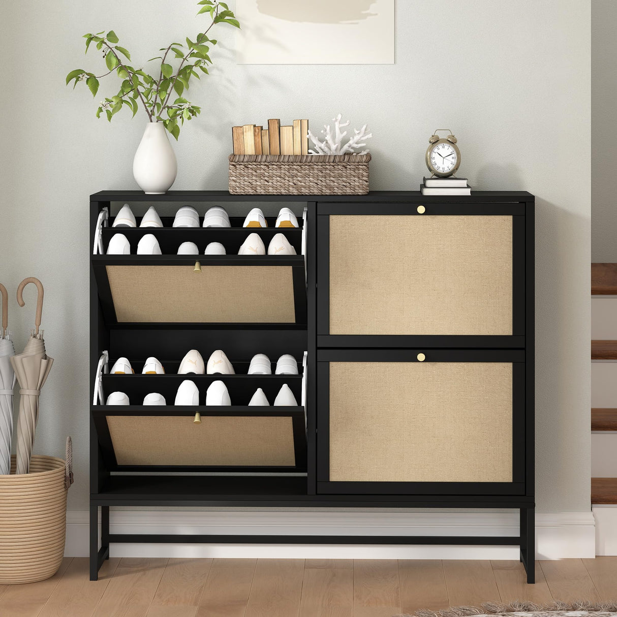 NVETHM Shoe Cabinet, Shoe Storage Cabinet with 4 Flax Flip Drawers and Mental Legs,Shoe Rack Free Standing Shoe Organizer for Entryway, Living Room (Black, 8-Tier) NVETHM