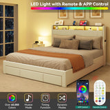 YITAHOME King Size Bed Frame, Storage Bed Frame with 4 Drawers & LED Light, Platform Bed with Storage Upholstered Headboard and Charging Station, No Box Spring Needed, Easy Assembly, Beige YITAHOME