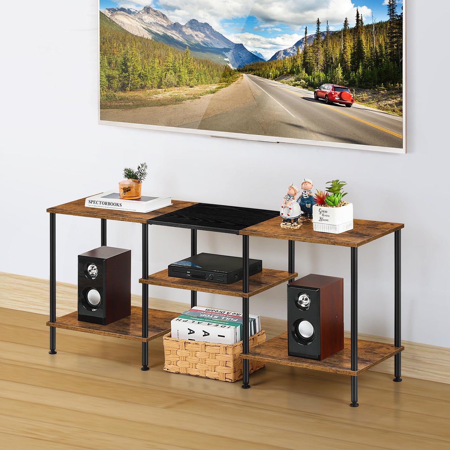 Industrial TV Stand with Storage for 50 inch TV Rustic TV Cabinet with Open Storage Shelf 3 Tier Entertainment Center Wood Console Table with Metal Round Tubes for Living Room Bedroom, Brown