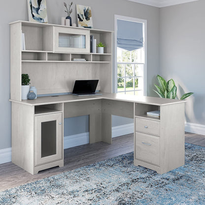 Bush Furniture Cabot L Shaped Desk with Hutch | Corner Desk with Storage for Home Office in Linen White Oak | 60W L Shaped Computer Desk - WoodArtSupply