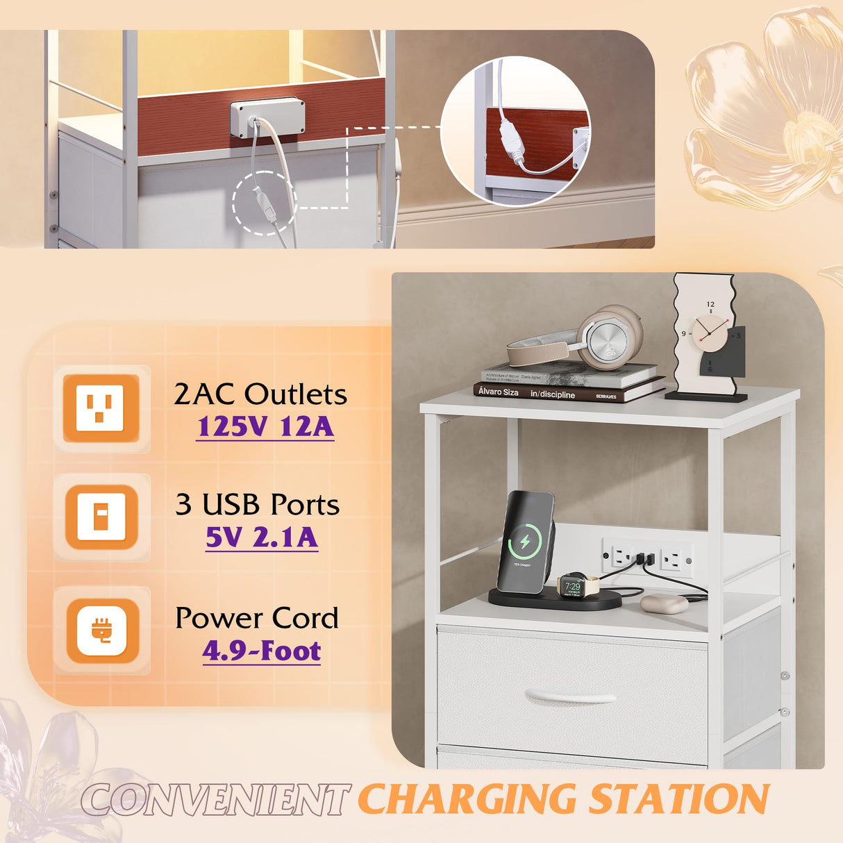 WLIVE White Night Stand with Charger Station, LED Nightstand with 2 Fabric Drawers and Storage Shelf, Bedside Table with 3 USB Ports and 2 Outlets, Small Dresser for Bedroom WLIVE