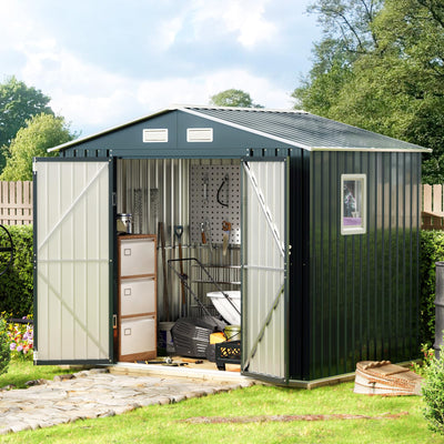 MistMo 6X8X6.4FT Outdoor Steel Storage Shed with Lockable Doors, One Clear Window,Ideal for Garden, Backyard, Patio Storage