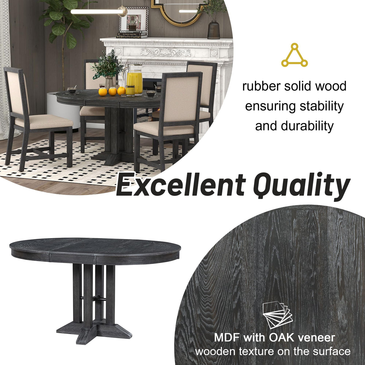 LUMISOL Dining Table for 6, Solid Wood Round Dining Table, Extendable Dining Table with 2 Removable Leafs for Kitchen, Dining Room, Living Room, Black, 42"-56" L x 42" W x 30" H LUMISOL
