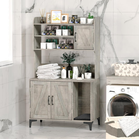 GarveeLife Cat Litter Box Enclosure with Shelves, Litter Box Cabinet,Hidden Cat Box Furniture with Scratching Mat,Wood Sturdy Cat Washroom Storage, Indoor Cat House,White GarveeLife