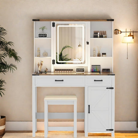 FONTOI Farmhouse Makeup Vanity, 40'' Vanity Table Set with Human Body Sensing LED Lights & 3-in-1 Charging Station, Vanity Desk with Glass Tabletop, Hidden Cabinet & Stool for Bedroom, Vintage White FONTOI