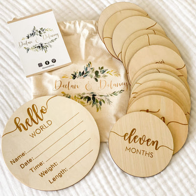 DECLAN & DELANEY Monthly Baby Milestone Cards | 16 Wooden Milestone Discs, Includes Boy/Girl Birth Announcement Sign | Baby Monthly Milestone Props
